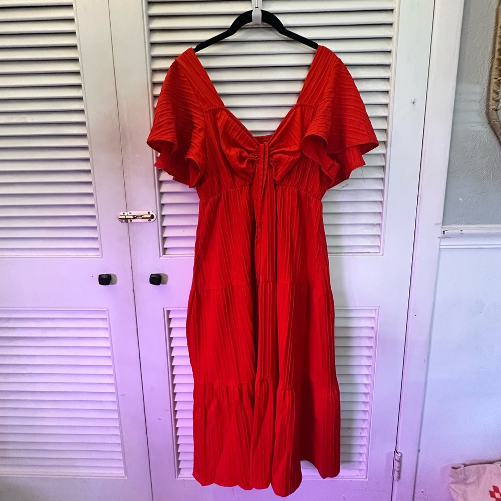 SHEIN Red Empire Waist Midi Dress with Flutter Sleeves